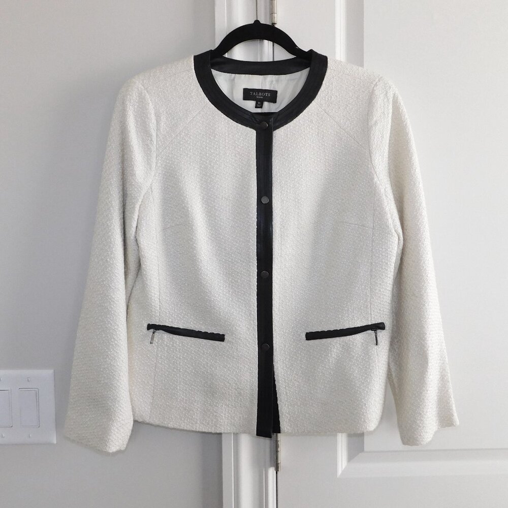 TALBOTS LADIES JACKET SIZE 8 PETITE CREAM TEXTURED FULLY LINES ZIP POCKETS